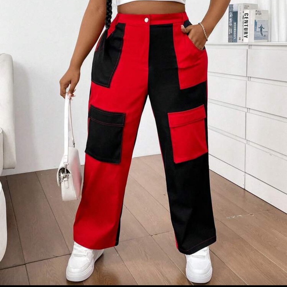 Flirla Plus Size Color Block Slanted Pocket Straight Leg Cargo Pants